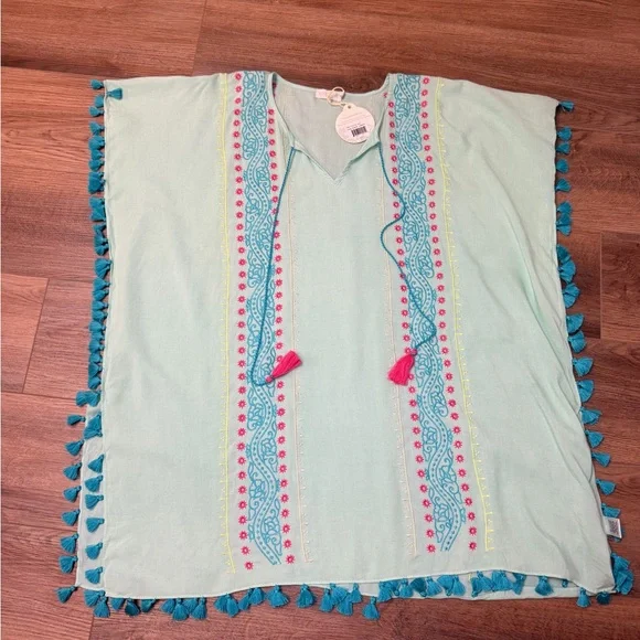 Spartina 449 Aqua Kaftan Cover Up Embroidered Tassel Boho Beach OS NWT Colorful - Picture 11 of 11